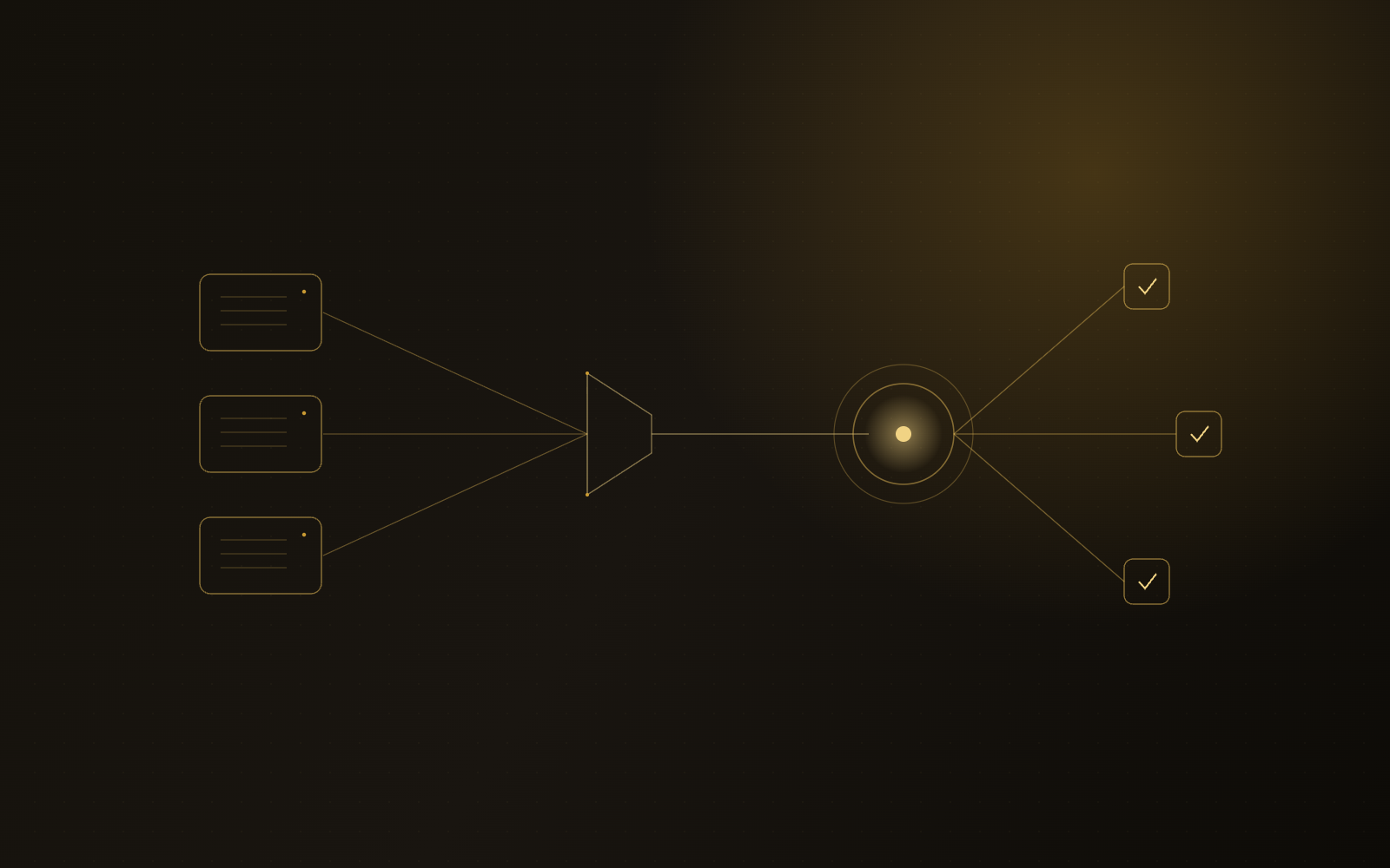 Gold illustration of document sources passing through a re-ranking gate into a glowing model core that emits cited answers